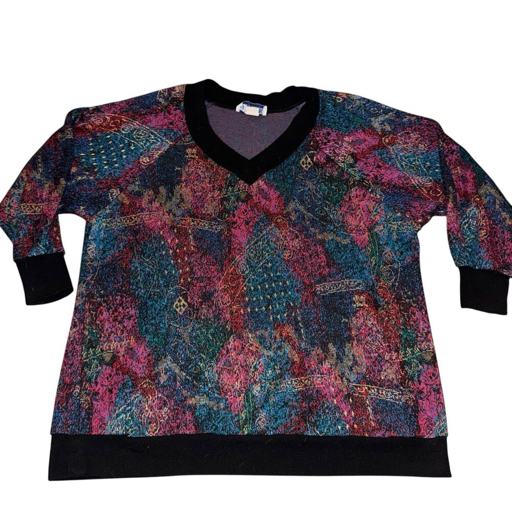 Women's Vintage Multicolor Long Sleeve V-Neck Sweater Size 1X‎ '80s Holiday